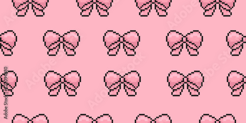 seamless pattern with pink bows in pixel art style, bowknots, ribbons, pattern for wrapping, textile, printing, notebooks and more, vector illustration