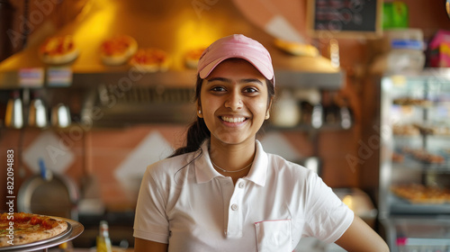 young indian woman standing at sweet shop