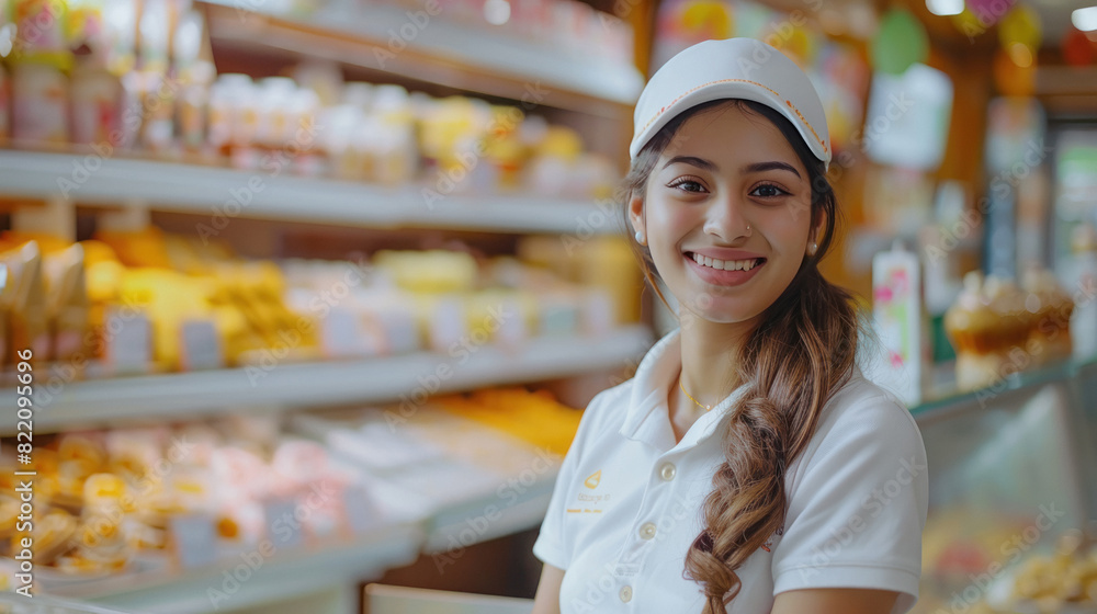 young indian woman standing at sweet shop