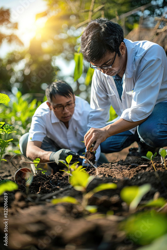 Inspectors examining crops in organic farm field, verifying certification standards.