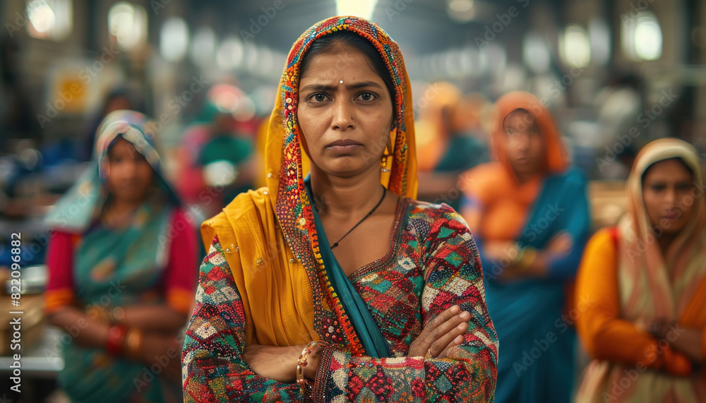 Indian woman standing confidently at sewing factory