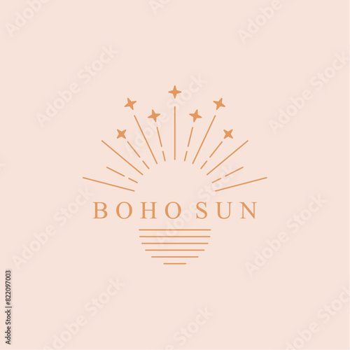 Boho sun logo, sun line art vector. Sunshine vector logo design