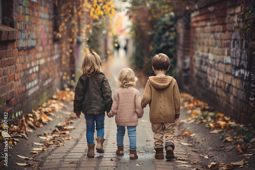 Three children seen from behind walking down a road during the day, siblings concept
