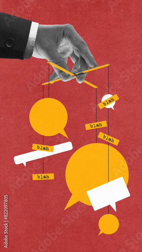 Male hand holding strings connected to speech bubbles symbolizing control over news and information. Contemporary art collage. Concept of propaganda, manipulation, social pressure. Creative design photo