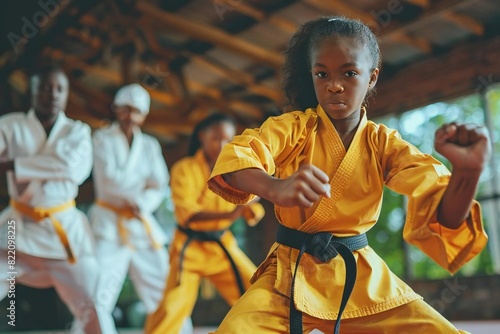 Dynamic African American Family Participating in Martial Arts Training with Instructor