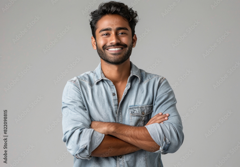 happy Handsome indian man wearing casual , standing with his arms crossed and smiling happy Handsome indian man wearing casual , standing with his arms crossed and smiling