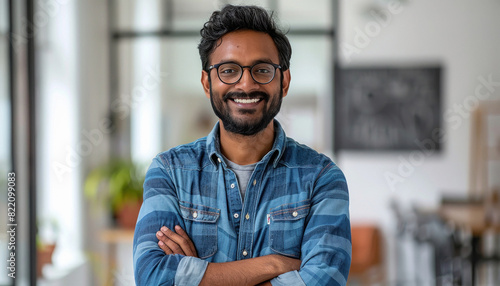 happy Handsome indian man wearing casual , standing with his arms crossed and smiling photo