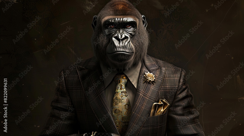 Gorilla wearing a plaid suit and tie with a flower lapel pin. Studio portrait on a dark background. Business and professionalism concept for design and print Gorilla wearing a plaid suit and tie with a flower lapel pin. Studio portrait on a dark background. Business and professionalism concept for design and print