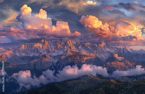 Dolomites mountain range in Italy at sunrise, with clouds and colorful sky, picturesque landscape of the Dolomites