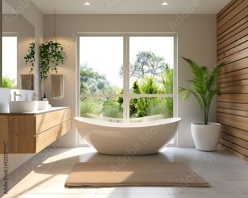 Modern Master bathroom with freestanding bathtub  double vanity and large window in an upscale home