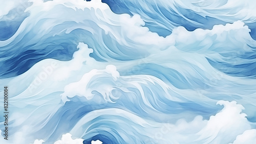 Blue sea waves during a storm, background image in watercolor style photo