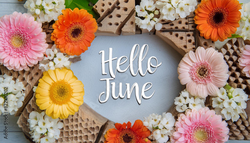 Abstract background with flowers frame around. Hello June - modern calligraphy lettering.