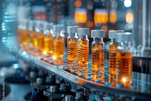 Vials filled with liquid medicine on a production line in a laboratory, highlighting pharmaceutical manufacturing and drug development.