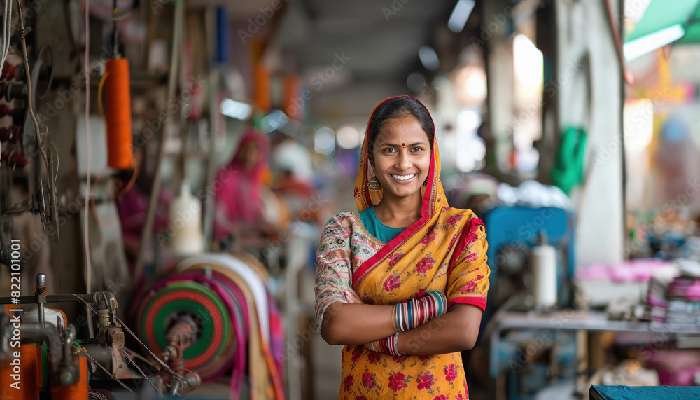 Obraz premium Indian woman standing confidently at sewing factory