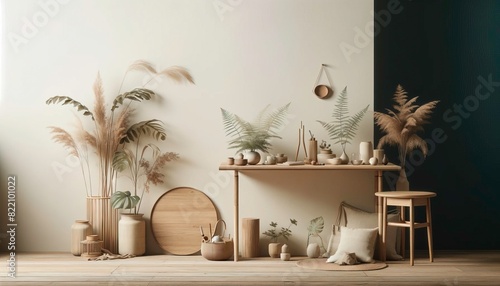  A minimalist interior featuring a wooden table with potted plants, surrounded by wooden furniture and earth-tone walls, creating a serene and cozy atmosphere that highlights the beauty of simplicity 