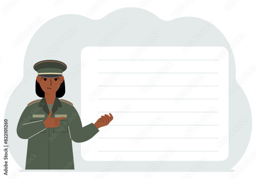 Female soldier in uniform next to a large white banner for your text. Female soldier in uniform next to a large white banner for your text.