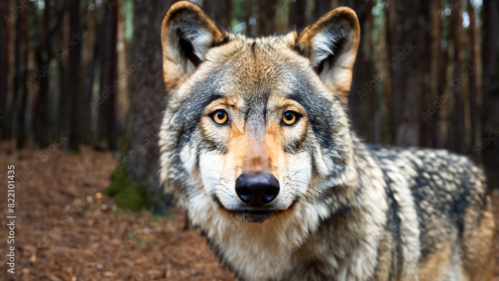 Portrait eines grauen Wolfes (Canis lupus) - Nahaufnahme im Wald Portrait eines grauen Wolfes (Canis lupus) - Nahaufnahme im Wald