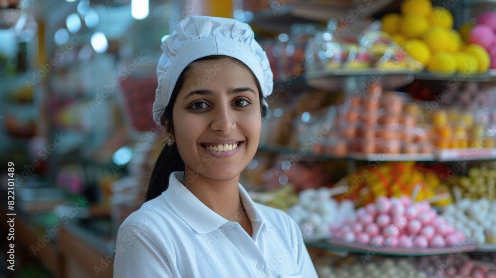 Young indian female staff standing at sweet shop