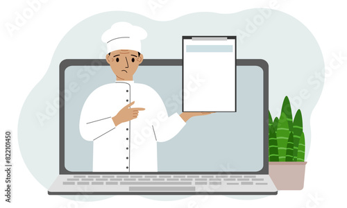 Male cook in a cap. Video, online ordering, menu.