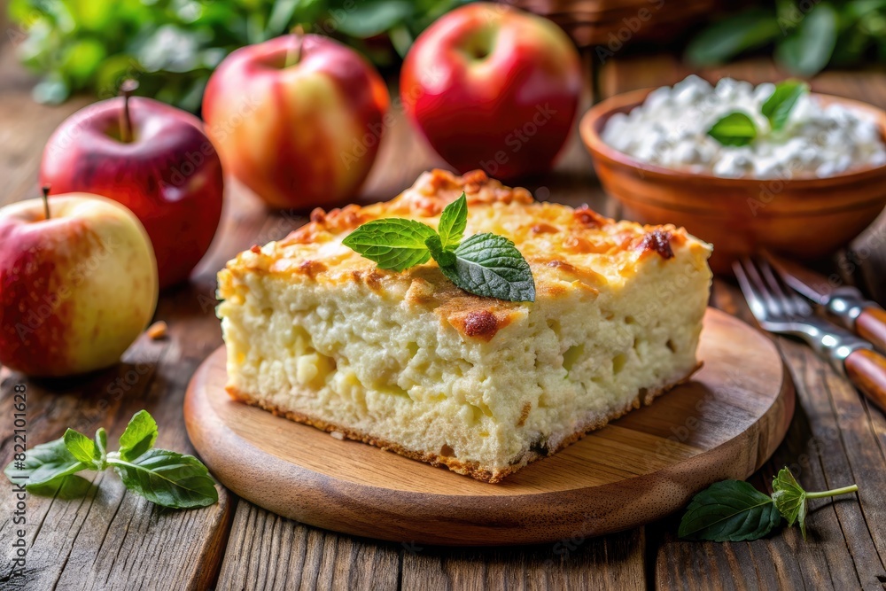 Fresh apple pie with a side of whole apples on a wooden table. Fresh apple pie with a side of whole apples on a wooden table.
