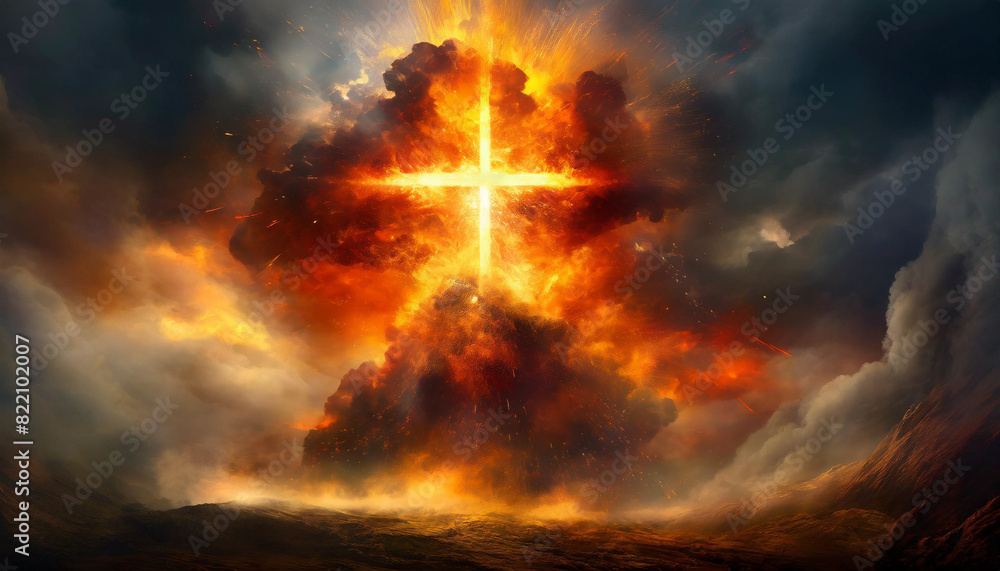 Naklejka premium dramatic fiery explosion erupts from a Christian cross set amidst clouds in the heavens, symbolizing the powerful and divine act of creation described in Genesis 1:1