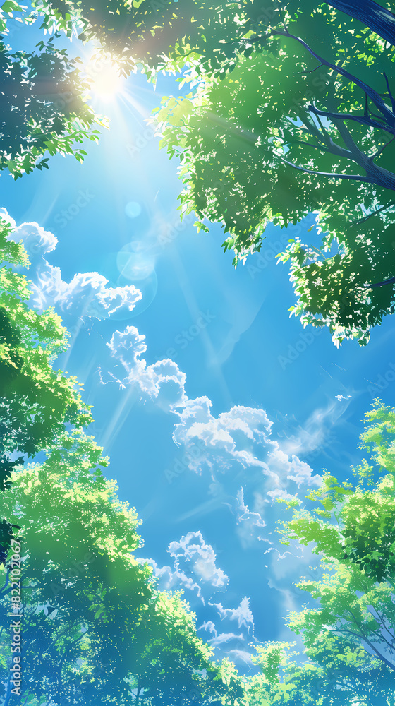 Sunlight shining through lush green trees and leaves on blue sky background Sunlight shining through lush green trees and leaves on blue sky background