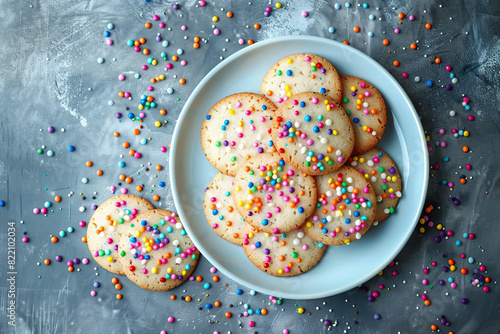 Sugar cookies with sprinckled on a white plate, close up top view. National Sugar Cookie Day, Every Year July 09 photo