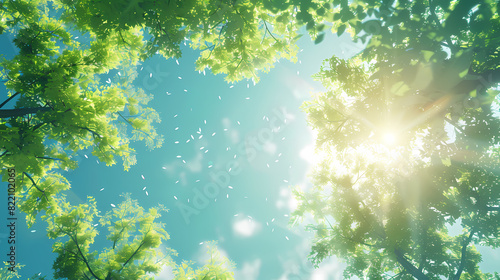 Sunlight shining through lush green trees and leaves on blue sky background