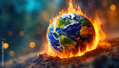 Planet Earth engulfed in flames against black backdrop  symbolizing global warming crisis