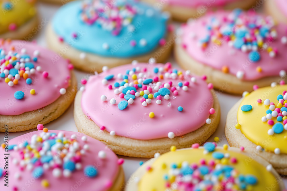 July 9 Sugar Cookie Day. Bright colored sugar cookies with sprinkles in different colors, closeup