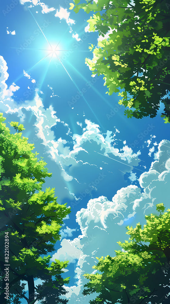Fototapeta premium Sunlight shining through lush green trees and leaves on blue sky background