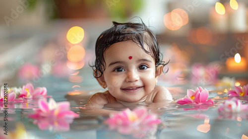 Cute smiley baby girl bathing in the spa