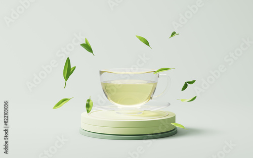 Chinese ancient teapot and teacup with tea leaves  3d rendering.