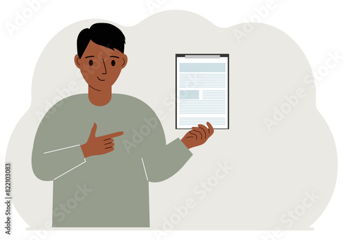 A man holds a contract or document in his hand. Vector