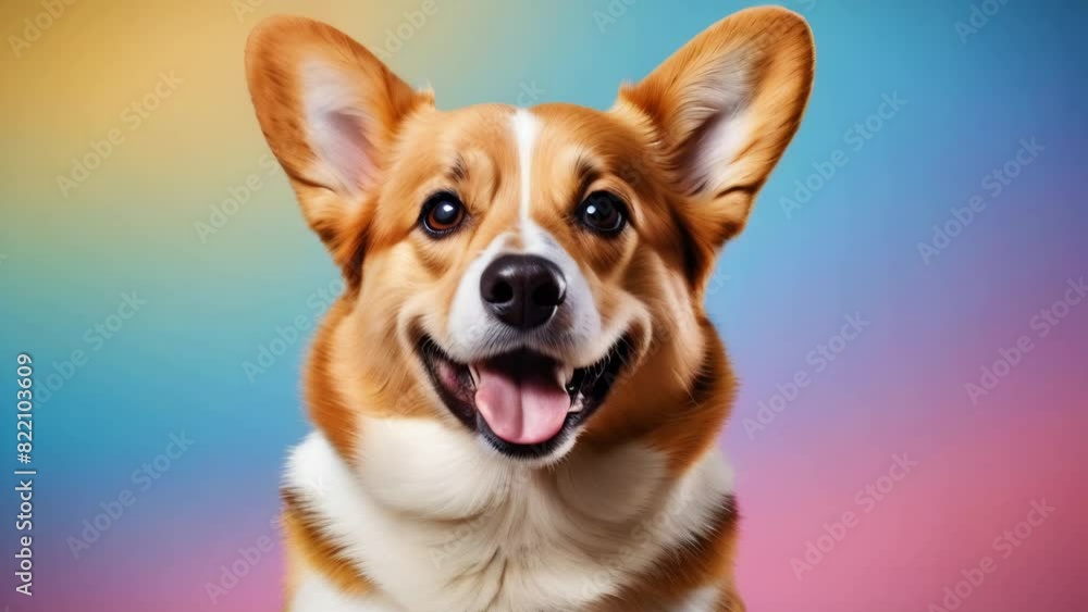 Happy corgi dog with a wide smile on a colorful background. Cheerful corgi portrait with ears up against a blurred rainbow gradient backdrop. Happy corgi dog with a wide smile on a colorful background. Cheerful corgi portrait with ears up against a blurred rainbow gradient backdrop.