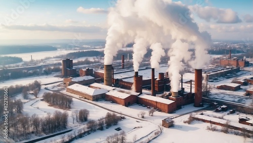 The image shows an aerial view of a factory with smoke coming out of the factory's smokestacks.