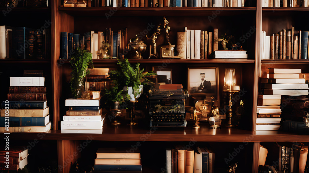 A sophisticated bookshelf filled with industry-relevant books, awards, and a few tasteful decor items. Organized books, certificates, small plants, and picture frames. A sophisticated bookshelf filled with industry-relevant books, awards, and a few tasteful decor items. Organized books, certificates, small plants, and picture frames.