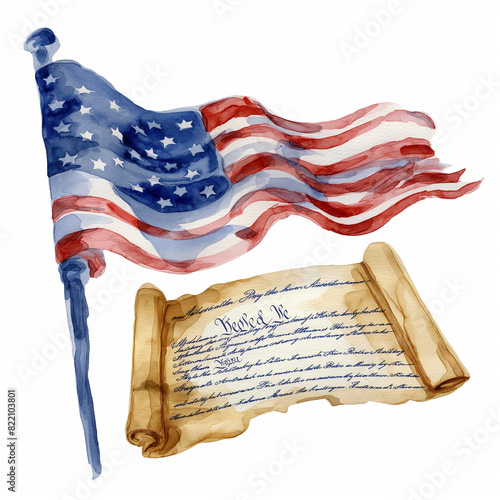 Watercolor painting of the US flag with the Constitution, patriotic colors, Independence Day theme