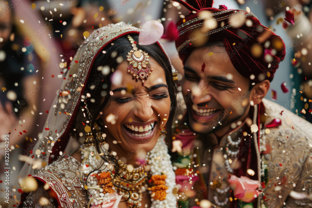 young Indian couple laughing at the confetti throwing during their indian wedding ceremony