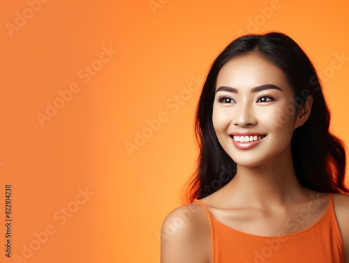 Orange background Happy Asian Woman Portrait of young beautiful Smiling Woman good mood Isolated on Background Skin Care Face Beauty Product Banner with copyspace