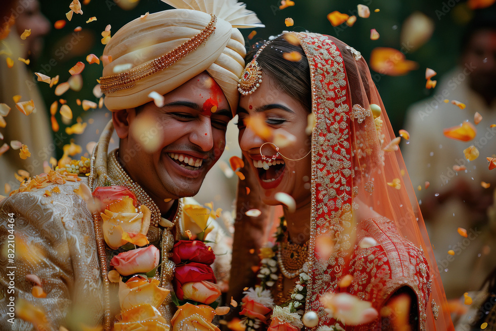 young Indian couple laughing at the confetti throwing during their ...
