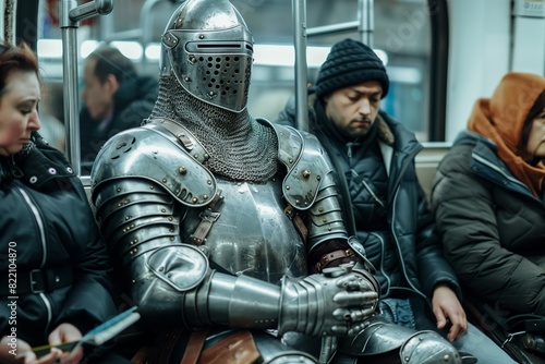 A man in iron knight armor is sitting in a subway car among the passengers. Historical reconstructions, time travel.