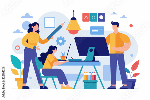 Design studio concept with people scene woman and man drawing elements and graphics designers team flat illustration