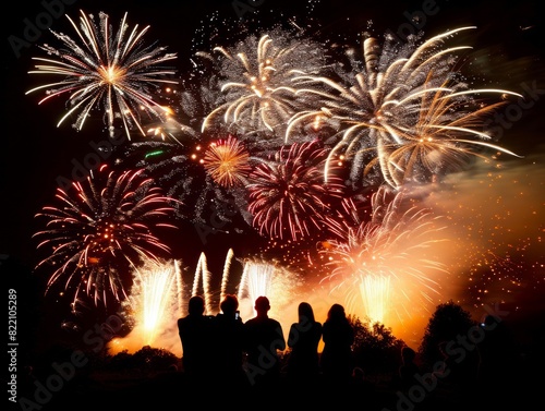 A group of people enjoys a colorful fireworks display lighting up the night sky, evoking feelings of celebration, awe, and unity