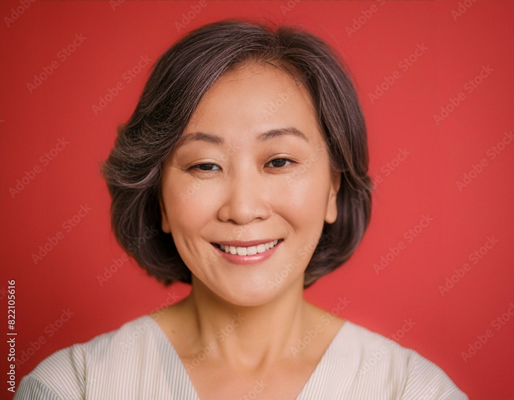 A Woman with 45 years old looking at the camera with excited facial expression in front of the red background A Woman with 45 years old looking at the camera with excited facial expression in front of the red background