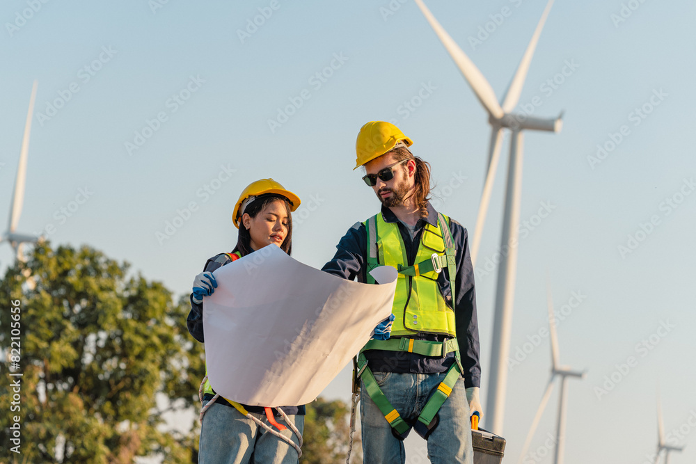 Engineers are working with wind turbines, Green ecological power energy generation, and sustainable windmill field farms. Alternative renewable energy for clean energy concept. Engineers are working with wind turbines, Green ecological power energy generation, and sustainable windmill field farms. Alternative renewable energy for clean energy concept.