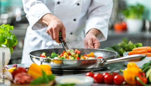 A skilled chef frying vegetables in a bustling kitchen.