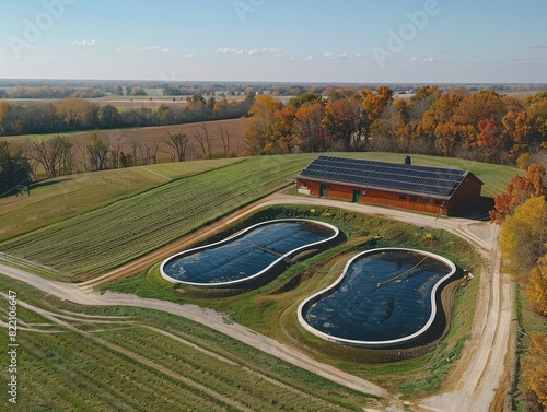Aerial view of a sustainable farm with solar panels and artificial ponds amid vast fields and autumn trees, invoking harmony with nature and innovation in agriculture photo