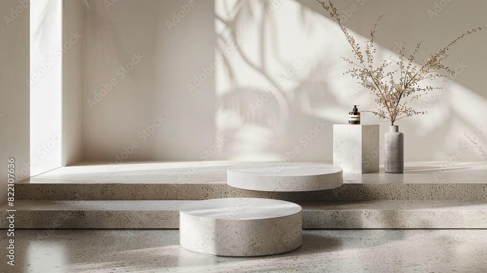 Stylish Stone Podium, front view focus, with a refined aesthetic, great for displaying wellness and spa products Stylish Stone Podium, front view focus, with a refined aesthetic, great for displaying wellness and spa products