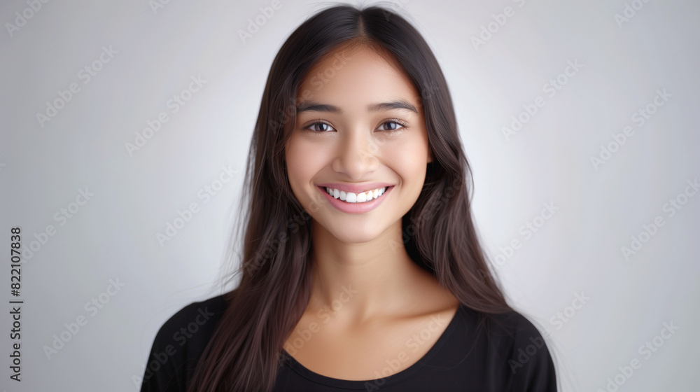 a closeup photo portrait of a beautiful young asian indian model woman smiling with clean teeth. used for a dental ad. isolated on white background. a closeup photo portrait of a beautiful young asian indian model woman smiling with clean teeth. used for a dental ad. isolated on white background.